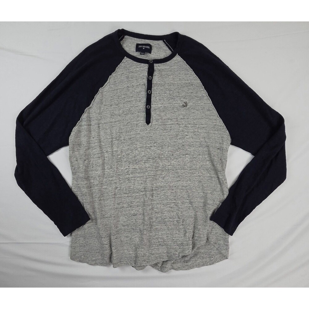 True Religion Raglan Henley Shirt Men’s 3XL Grey Thermal 4-Button Long Sleeve